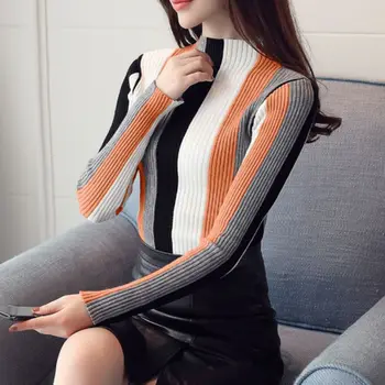 Lodret Stribet Kvinder Trøjer Koreansk Stil Rullekrave Kontrast Strikket Trøjer Med Lange Ærmer Strik Pullover