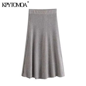 KPYTOMOA Kvinder 2020 Chic Mode Med Knapper Strikket Midi-Nederdel Vintage Høj Elastisk Talje Kontor Slid Kvindelige Nederdele Mujer