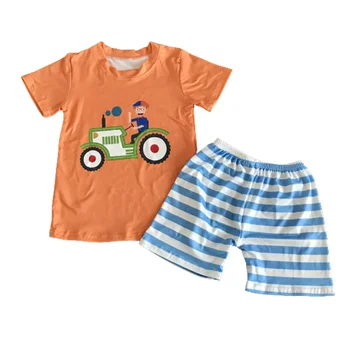 Boutique-udstyr Broderi lastbil dreng mønster Stribede shorts drenge tøj sæt