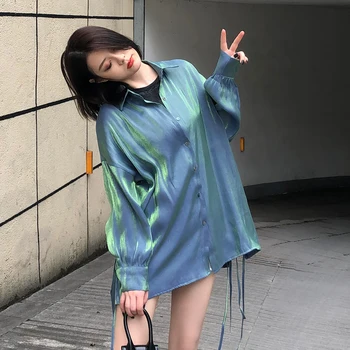 2019 koreanske Version Efteråret Kvinders Fashion Trendy Reflekterende Glitrende Shirts Lyse Løs Stor Størrelse Silke Toppe Bluse Kvindelige