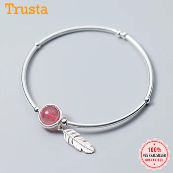 Trusta 925 Sterling Sølv Jordbær Krystal Sølv Fjer Med Elastisk Armbånd Til Kvinder, Mode, Fine Smykker, DS1010