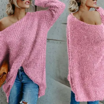 Sexet Off Skulder Strikket Sweater Kvinder Solid Løs Flare Ærmet Pullover Jumpere Kvindelige Mink Cashmere Sweater