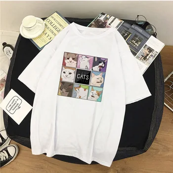 Fashion Kvinder T-shirt Sød Kat print Pige Toppe Tegnefilm Harajuku Kvinder Shirt Sommer Famale Tee