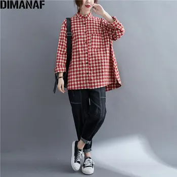 DIMANAF 2020 Plus Size Kvinder Linned Bluse Rød Plaid Print Casual Skjorter, Vintage Fuld Ærme Efteråret Nye Store Størrelse Kvinder Bluse