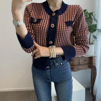 Koreanere Vintage Strikket Cardigan Sweater Kvinder 2020 Efterår og Vinter Single-breasted O-neck Tops Frakke Fashion Damer Jumper Cardigan