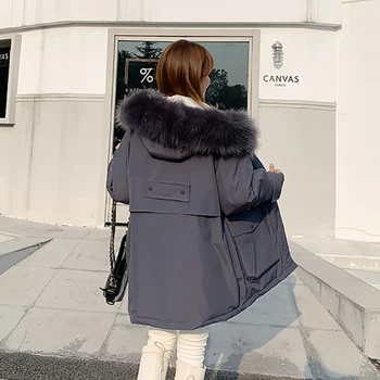 Koreansk Stil Kvinders Vinter Lang Oversize Jakke Løs 2020 Kvindelige Frakke Parka Hætte Med Pels, Store Lommer Varm Solid Frakker