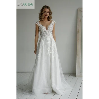 Hvid Tyl Blonde Pynt brudekjolen gulvlange A-line Wedding dress Domstol Tog Custom made