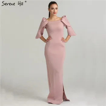 Dubai Stil Havfrue Pink Halv Ærmer Aften Kjoler Mode Elegante Perler Formelle Aften Kjoler Serene Hill QA8005