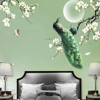 Brugerdefineret Vægmaleri Baggrund i Kinesisk Stil, håndmalede Magnolia Green Peacock Blomster, Fugle, Foto Wall Paper Opholdsstue, TV, 3D-Fresco