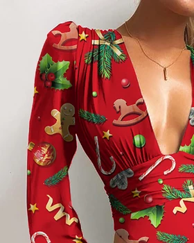 2020 Vinter Sexede Kvinder Jul Puff Ærmer Tynde Bodysuit V-Hals, Rød Afslappet Krop Top Patchwork Buksedragt Femme 2021 Ny