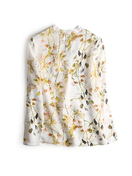 SuyaDream Silke Blomster Bluser Kvinde Silke Crepe Lange Ærmer Stå Krave Print Bluse Shirt Foråret Efteråret Shirt