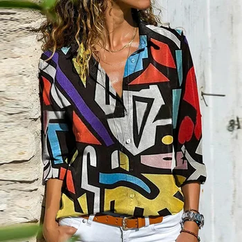 Kvinder Retro Farverige Print Knapper Bluse Shirt Efteråret Lange Ærmer Turn-down Krave Damer Top Streetwear Afslappet Plus Size Blusa