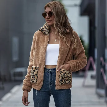 Efterår og Vinter Fashion Lam uld Jakke Frakke Kvinder 2020 Nye Leopard Lomme Turn Down Krave Kontor Dame Jakke