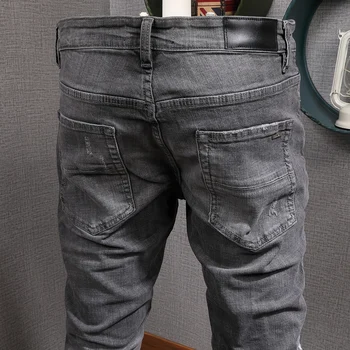 Amerikanske Streetwear Mode Mænd Jeans Retro Grå Vask Slim Fit Elastisk Ripped Jeans Mænd Patches Designer Hip Hop Jeans Til Mænd