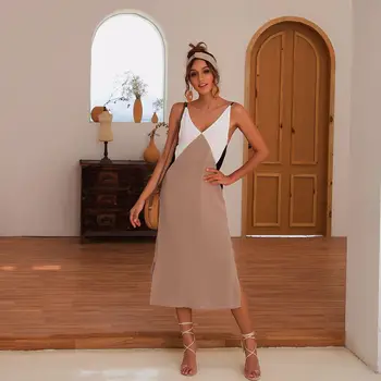 Tøj OWLPRINCESS 2020 Sommer Mode Syninger i Kontrast Farve Sexet Seler V-hals Kjole