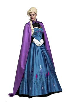 Deluxe-Elsa Prinsesse Kostume Kjole-Kappe Kjole Til Voksne Kvinder Lang Cape Fancy Satin Broderi Cosplay Outfit Dame Halloween