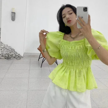 Sommeren 2020 Kvinder'shirt Plisserede Solid Farve Vintage-Toppe-Pladsen Krave Puff Ærmer Søde Bluser koreansk Stil, Nye Mode 2020