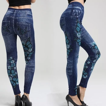 Kvinder Leggings Print Blyant Bukser Efteråret Og Vinteren Casual Nye Elastiske Mode Høj Talje Faux Jeans Leggings Plus Størrelse 2XL