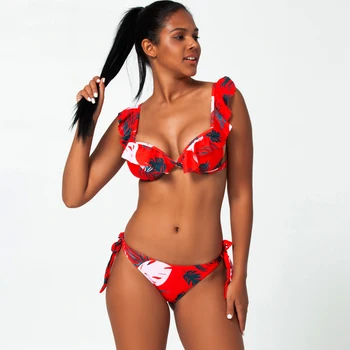 Brazilian Bikini Mujer 2020 Sommeren Flæsekanter Badetøj Kvinder Rød Hvid Sort Push Up Pads Sexet Badedragt Bandage To Stykke Badetøj