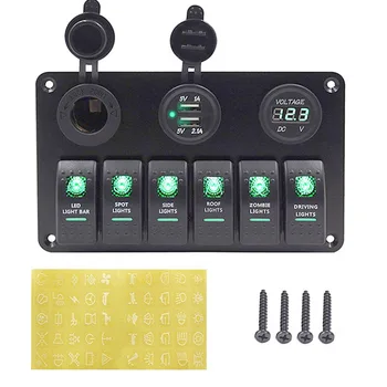 Kombinationen 5 6 Bande LEDET Rocker Universal Switch Panel Kredsløb Digital Voltmeter Dual USB Port 12V stik Til Bilen, Båden