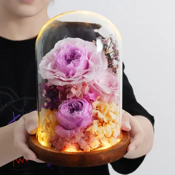 Evig Blomst Skønheden Og Udyret Steg Udødelige blomst I Glas Kuppel Med LED lampe-års Fødselsdag Valentines-Mors Dag Gaver