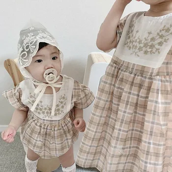 2020ins Søstre Bror Baby Bomuld Mode Sød Plaid Broderi Rompers Dress New Born Baby Tøj Baby Drenge Tøj