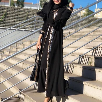 MISSJOY 2020 Abayas Muslimske Kvinder Kjole Paillet Casual Patchwork tyrkisk Dubai Kjoler Elegant Cardigan Grå Sort Robe Kvindelige