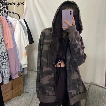 Med Hat Hættetrøjer Kvinder koreansk Stil Smarte BF Camouflage Streetwear Mode Oversize Dame Kausale Alle-match Enkel Ins Hættetrøje