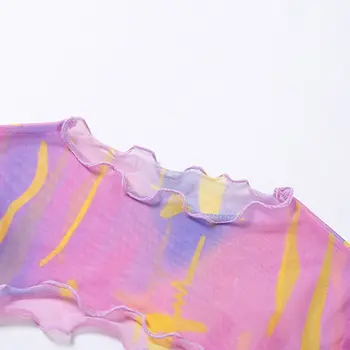 Kvinder Summer Rainbow Tie-Dye 2 delt Sæt Ruched Top med Lange Ærmer Lace-Up Bandage Skuldertræk, Dække Ups, Høj Kvalitet og Helt Nye
