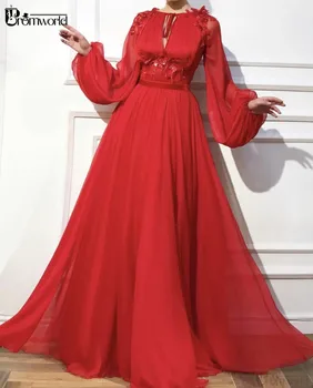 Red Muslimske Aften Kjoler 2020 A-linje Lange Ærmer Chiffon Prom Dress Blonder Dubai Kaftan Saudi-arabisk Lang Aften Fest Kjole