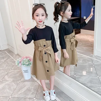 Kjole Til Piger 2020 Piger Dress Patchwork Falske 2stk koreanske Slank Part, Kids Kjole Med Sløjfe Bælte Foråret Børn Kjoler For Piger