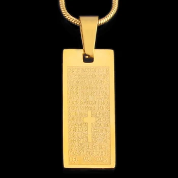 Religious Cross Bible Scripture Pendant Gold Rectangular Pendant Necklace Vintage Jewelry Gift