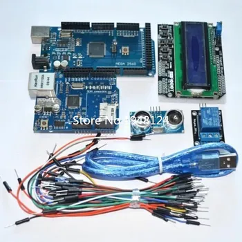 Suq Mega 2560 r3 til arduino kit + HC-SR04 +breadboard kabel + relæ modul+ W5100 UNO shield + LCD-1602 Tastatur skjold
