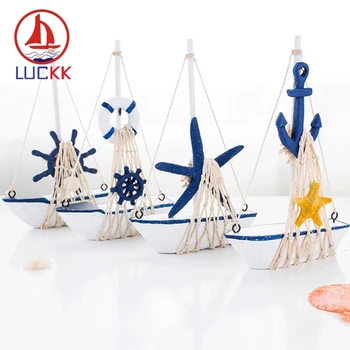 LUCKK Middelhavs-Stil Retro Sejlbåd Figurer Ornament Nautiske Home Decor Miniature Kreative Shell Træ Håndværk Marine Skib