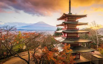 Asian Palace Arkitektur Pagode Mountain Træ Fuji i Japan fotografering baggrunde Computer print naturskønne baggrunde