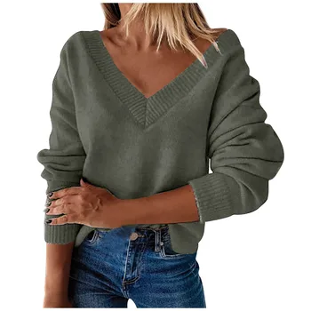 2020 Vinter Fashion V-hals Løs Solid Sweater Kvinder Toppe Plus Size Pullover Women ' s Strik Bunden Sweater Trække Femme