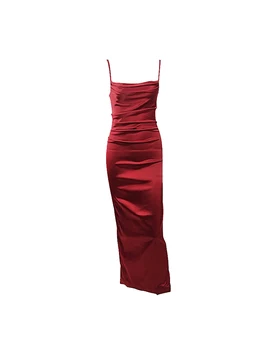 2020 Vinter Elegant Vintage Red Spaghetti Strop Sexet Saml Talje Ankel-Længde Lang Kjole Backless Slanke Kjoler til Kvinder Party