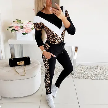 To delt sæt kvinder træningsdragt efteråret tøj leopard printet splejsning sweatshirt top og bukser jogging sæt kvindelige sport udstyr