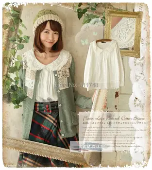 Japan Mori Piger Søde Peter Pan Krave Skjorte Mori Girl langærmede Bomuld Skjorte Kvinder Casual Bluse Lolita Cawaii Tricot Toppe