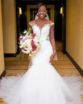 Vestido de noiva Afrikanske Havfrue Lace Wedding Kjoler Sexet Ren og skær Tilbage Pynt Tyl brudekjoler brudekjoler