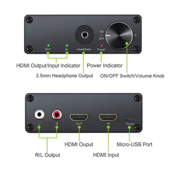 LiNKFOR HDMI til HDMI Med RCA-3,5 mm Jack-Udgang Med Volumen Kontrol til HDMI Lyd Extractor Understøtter 4K 3D Med et USB-kabel