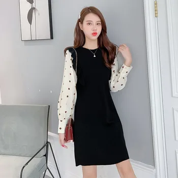 QWEEK Polka Dot Strikket Kjole Sweater Kvinder 2020 Efteråret koreanske Varm langærmet Flæsekanter Mini Kjole Plus Size Laides Kjoler Kvinde