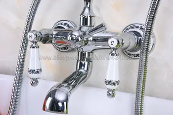 Krom Messing Badeværelse Badekar Faucet W/Håndbruser Sprøjte Clawfoot Blandingsbatteri Monteres På Væggen Kna207