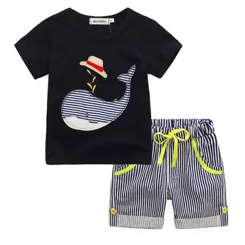 Barn Børn Baby Boy Cartoon T-shirt, Top+Stribede Korte Bukser Outfit Tøj Sæt fine hval-print kids tøj August 8