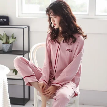 Vinteren Bomuld Pijamas Kvinder Pink Pyjamas Femme (v) inverno Efteråret Homewear Lange Ærmer-Knappen Ren Bomuld Pyjamas for Kvinder