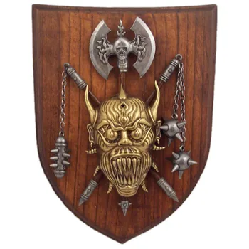 DENIX replica våbenskjold, Vifte med demon, økse og 2 måler 27cm, lavet af træ og metal, ikke skarp, til dekoration