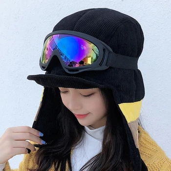 Kvinder Vinteren Varm Fløjl Reversible Trooper Trapper Hætte med Aftagelig Beskyttelsesbriller Vindtæt Colorblock Striber Earflap Hat