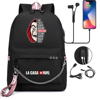 La Casa de Papel USB-Opladning skoletaske Rygsæk med Plads Udskrivning Rygsække til Teenager Mænd Kvinder Rygsæk mochila mujer