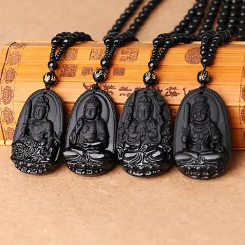 Natursten Sort Obsidian Skåret Buddha Heldig Amulet Halskæde Fine Smykker til Kvinder, Mænd Sweater Kæde Vedhæng i 2020