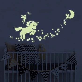 Unicorn vægoverføringsbilleder Glød i Mørke Unicorn Stjerner Eventyr, Fairy Wall Stickers til DIY Hjem Børn Piger Soveværelse Nursery Room